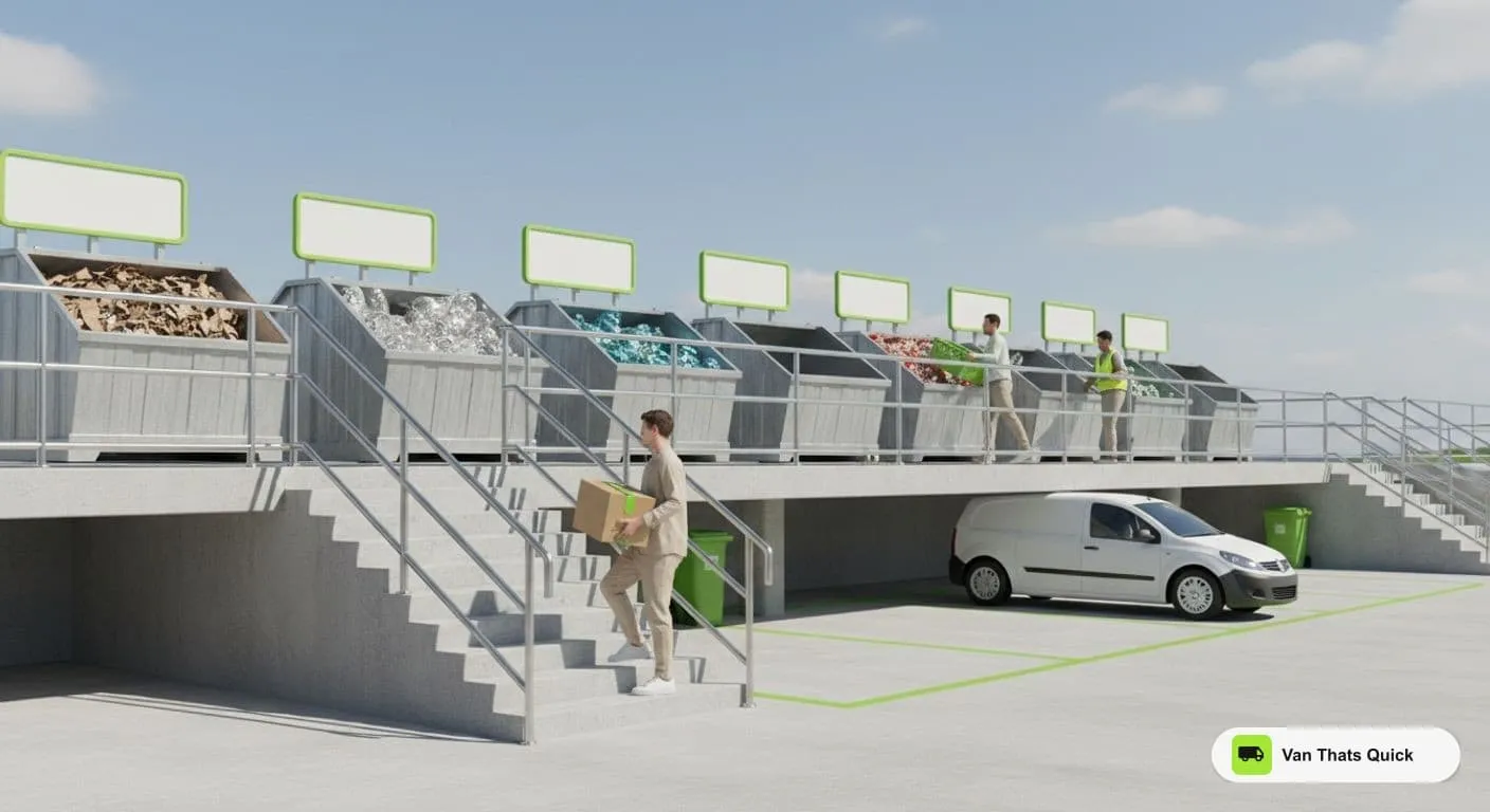 Illustration of a household recycling centre with a raised row of containers, steps up to the bays and a small van parked below